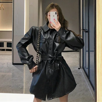

Retro Black Loose Lace Women PU Faux Leather Long Jackets Female Turn Down Collar Motorcycle Biker Coats Streetwear