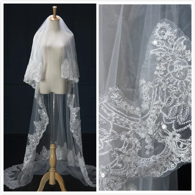 Real Photos 3M White/Ivory Beautiful Cathedral Length Beaded Lace Edge Wedding Bridal Veil with Comb