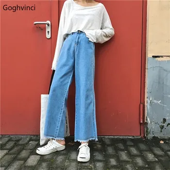 

Jeans Women Blue Simple Solid Zipper Full Length Womens High Waist Loose Daily Retro Females Korean Style Fashion Denim Trousers