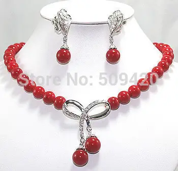 

Wholesale 32012 >Pretty jewelry 10mm Red shell pearl Necklace inlaid crystal Earring Set