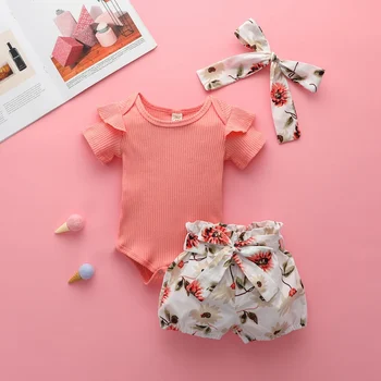 

Toddler Baby Clothing Baby Girl Clothes Suits Short Sleeve Solid Striped Tops Floral Shorts with Headband Summer Sets