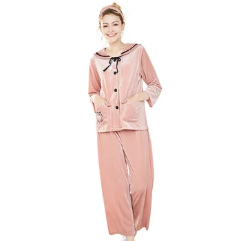

Fiklyc New Gold Velvet Autumn And Winter Ladies Navy Collar Long Sleeve Two-Piece Suit Home Service