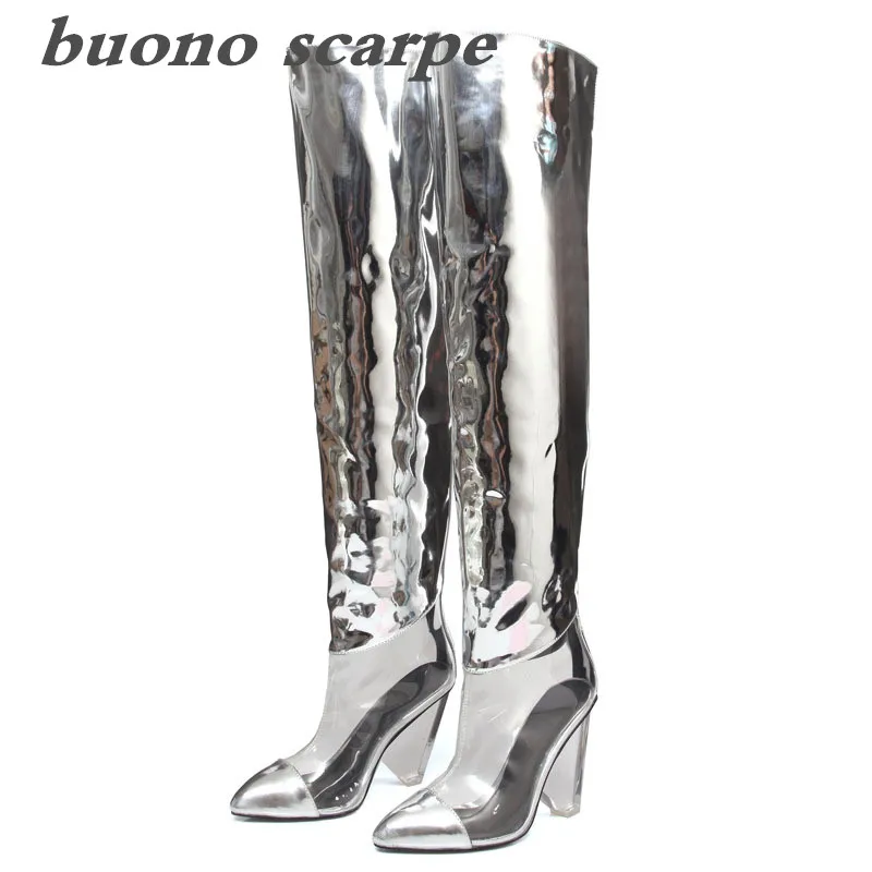 

Hot new transparent profiled wedge with crystal patent leather over the knee T-Taiwan big size sexy tide boots
