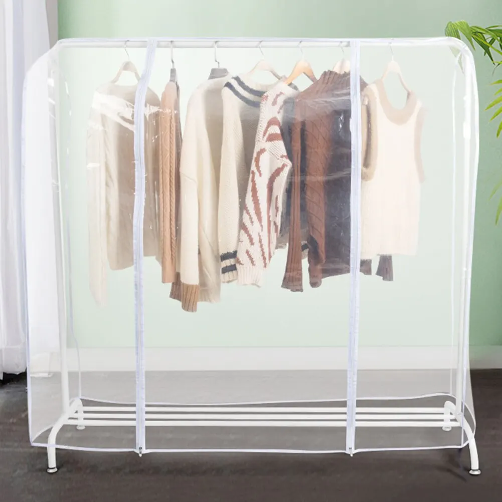 GARMENT CLOTHES RAIL with TRANSPARENT CLOTHES DUST RAIN PROTECTOR COVER 