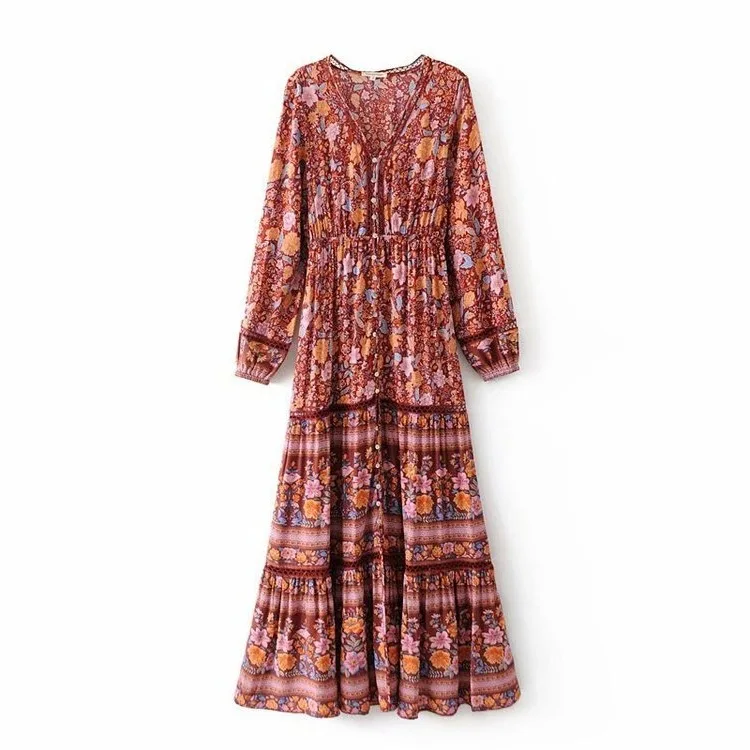 

WOMEN'S Dress Bohemian Printed Elastic Waist Hollow out V-neck Medium-length Dress Single Breasted Floral Dress S3012