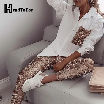 

Snake Contrast Pocket Top & Pants Set Women Autumn Casual 2 Piece Outfits