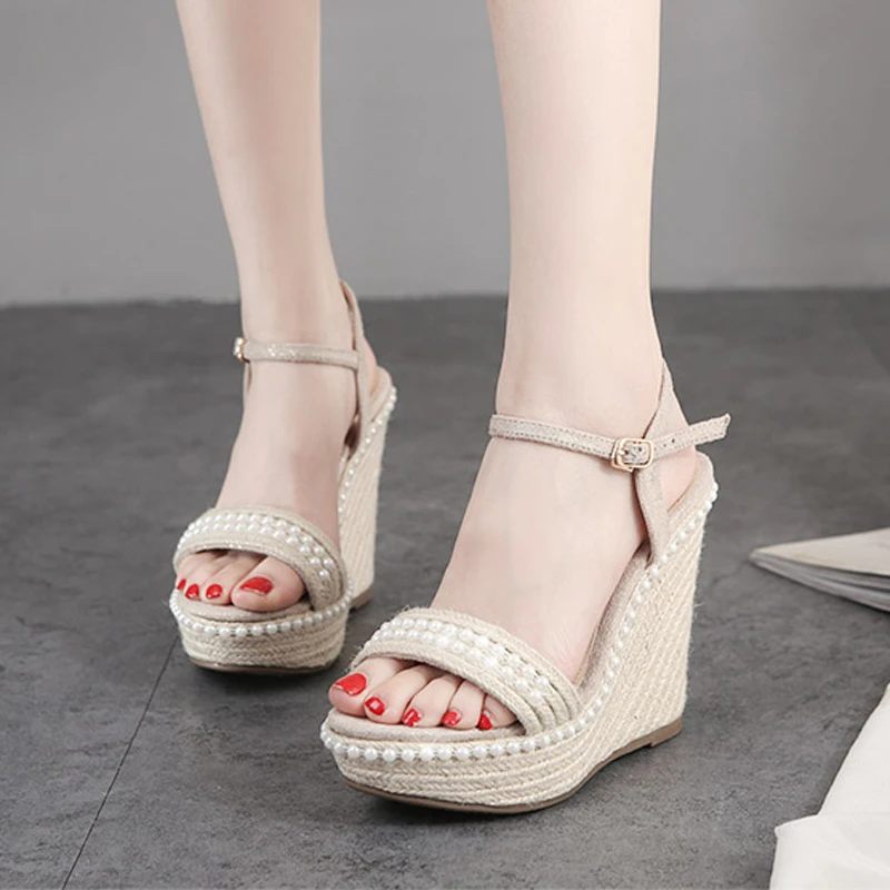 

Pearl straw wedge sandals muffin thick bottom super high-heel small size womens shoes elegant sweet high-heeled sandals 31,32,33