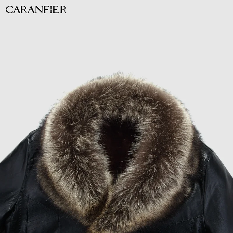 CARANFIER, воротник из натурального меха енота, мужские Куртки из искусственной кожи, зимнее утепленное пальто, Jaqueta De Couro Chaqueta, мужские Куртки из искусственной кожи