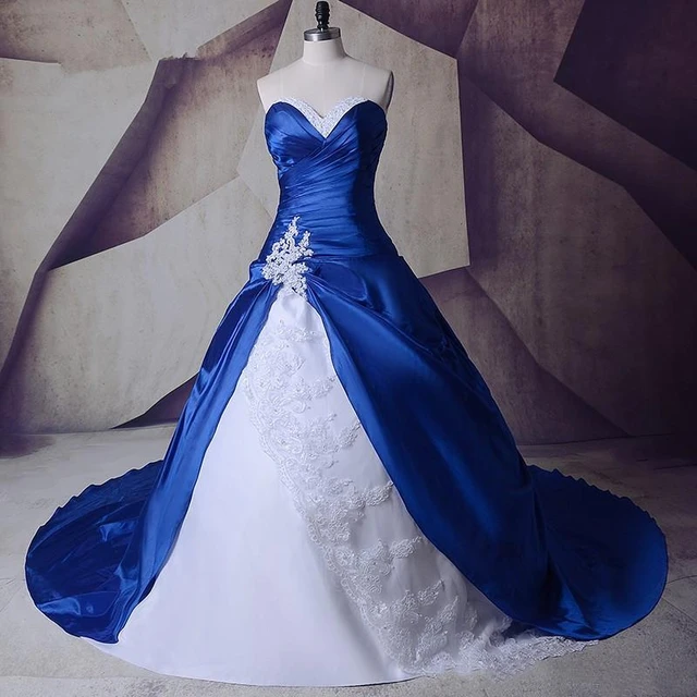 Chapel White And Royal Blue Satin Wedding Dresses Sweetheart Ruched Lace-Up Corset  Plus Size Long Bridal Gowns Robe de mariée - AliExpress