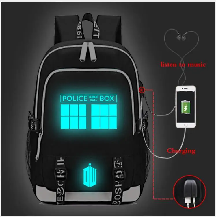 Рюкзак Doctor Who с USB-зарядкой школьные ранцы для мужчин и женщин Студенческая