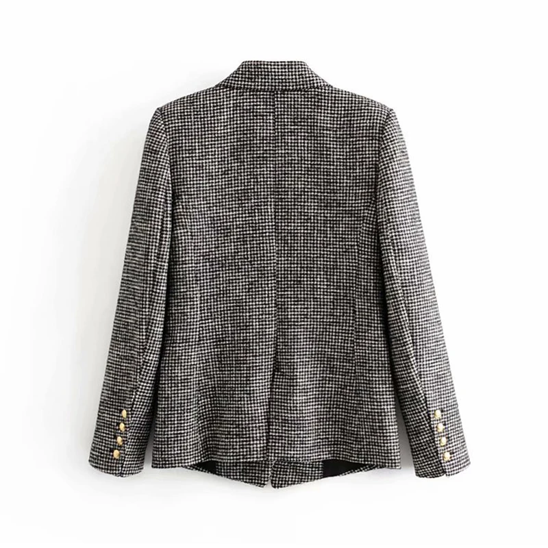 Goedkoop Elegante Vrouwen Tweed Plaid Blazers Pakken Gekerfd Nek Houndstooth Jas Double Breasted Zakken Mode Jas Vrouwelijke Chaquetas