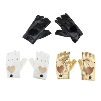 

Cool Gold Half Finger Gloves Women's Leather Mitten Hip Hop Rock Driving Gloves White Gloves Hollow Out With Love Shape