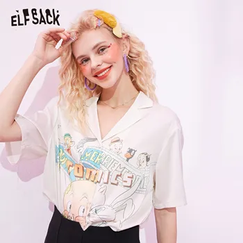 

ELFSACK White Cartoon Print Casual Women Satin Shirts 2020 Summer ELF Single Breasted Short Sleeve Korean Ladies Daily Cute Tops