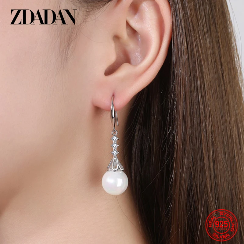 ZDADAN 925 Sterling Silver Drop Shaped Pearl Long Dangle Earring For Women Fashion Wedding Jewelry Gift