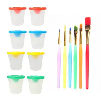 

8 Pieces Spill-Proof Paint Cups with Colored Lids and 6 Pieces Assorted Colored Painting Brushes Set