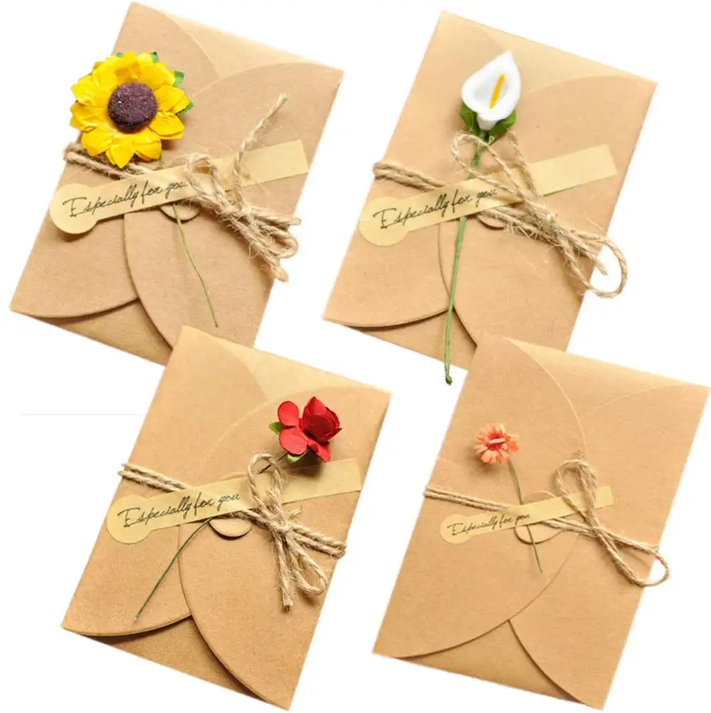  Kraft Paper Handmade Greeting Cards DIY Invitation Envelopes Thank You Flower Postcard Envelope Chr - 4000380921552