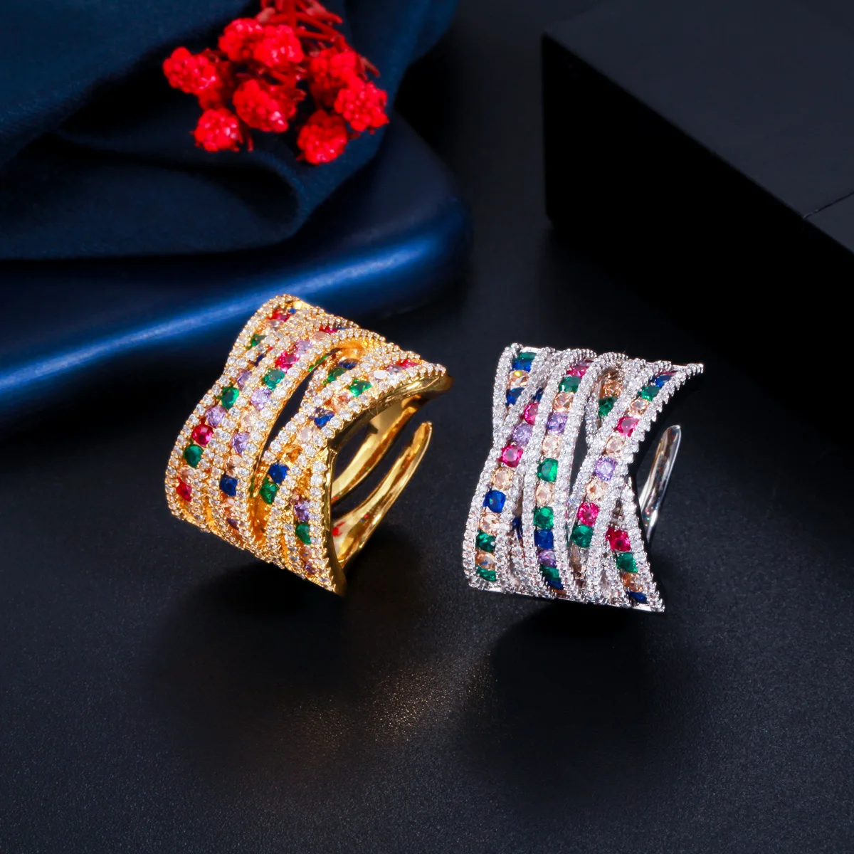 CWWZircons Große Regenbogen CZ Kristall Ringe für Frauen Party Luxus Weiß Gold Überzogene Einstellbare Zirkonia Anillos Schmuck J0147