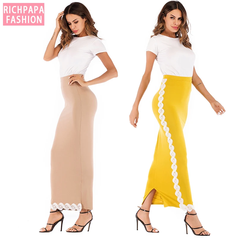 Размера плюс Модальные Faldas Mujer Moda abaya мусульманские с высокой талией кружевные облегающие макси юбки длинные женская одежда Jupe Femme
