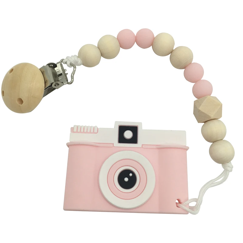 

Baby Teether Bracelet Food Grade Beech Wood Teether Cute Camera BPA Free Silicone Beads Teething Chain Toys Gifts