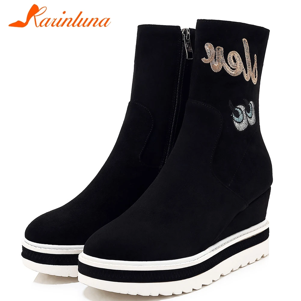 

Karinluna 2019 fashion cartoon embroidery wedges high heels Boots Female Shoes Woman winter walking ankle Boots Women Shoes