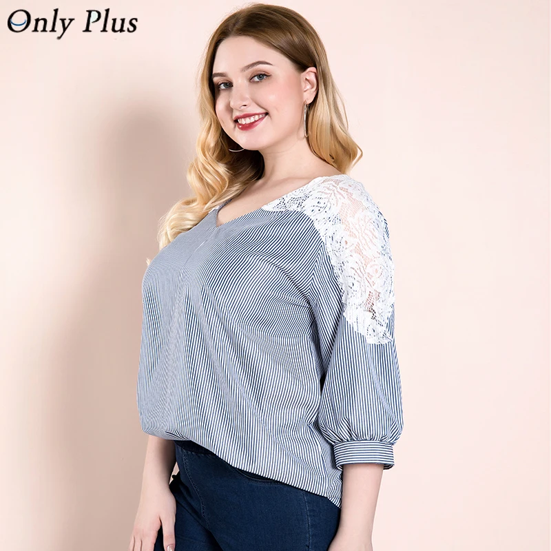 

Only Plus XL-4XL Female Casual Blouse 2019 Autumn Women Loose Backless Style Long Sleeve Fashion Stripe Blouse For Plus Size
