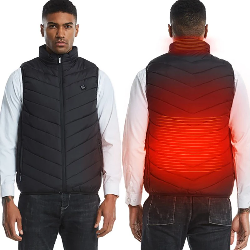 USB Graphene Heating Men Solid Color Zipper Sleeveless Vest Lapel Pocket Lightweight Warm Outdoor Tops
