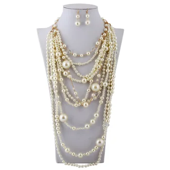 

European Fashion Multi Layer Extravagant Beads Strand Pearls Crystal Necklace and Earrings Pearl Jewelry Sets for Women Duftgold