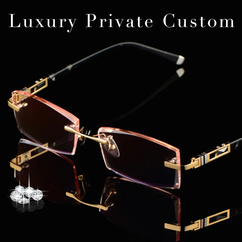 

Luxury Private Custom Titanium Eyeglasses Rimless Men 1.61 High Clear Lenses Male Myopic Glasses Gold Presbyopic Glasses 619