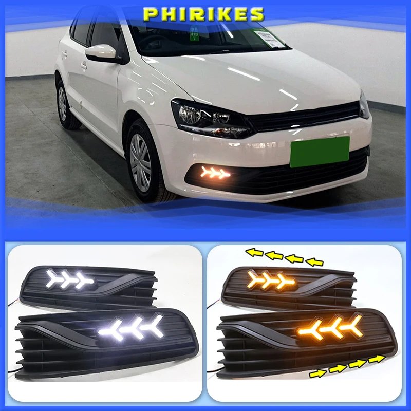 

Дневные ходовые огни для VW Volkswagen Polo 2014-2018, Желтый поворотный сигнал, Светодиодные ДХО, противотуманные фары, 2 шт.