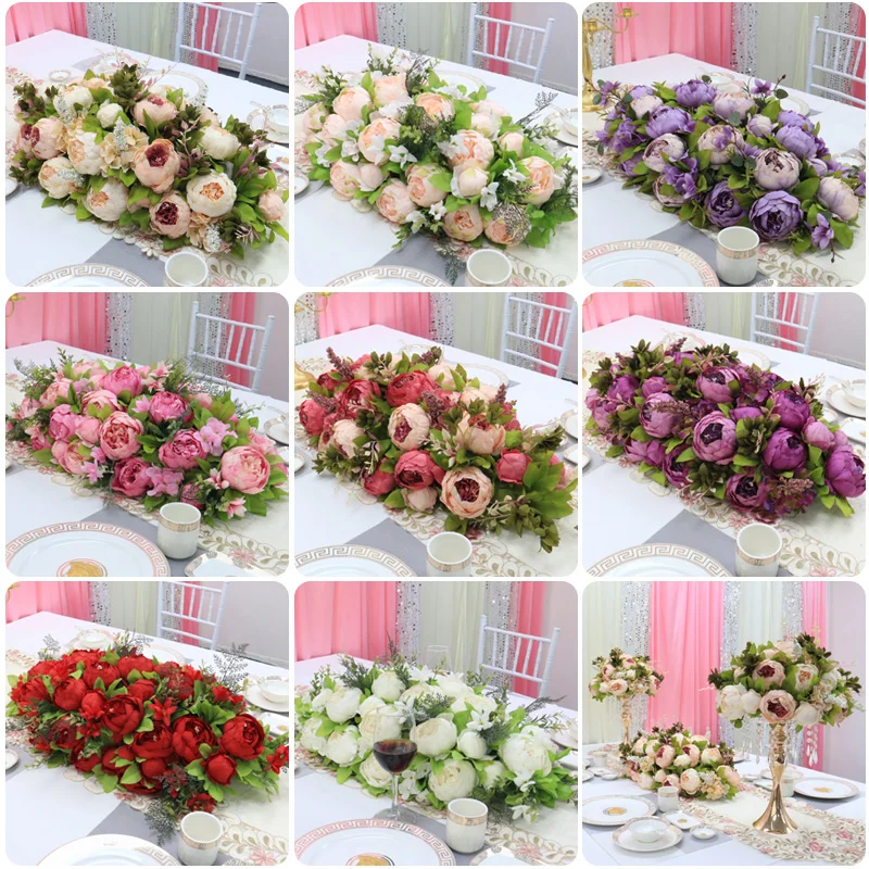 Custom luxury DIY wedding decor table flower runner artificial flower row arrangement table centerpieces rose peonies green leaf