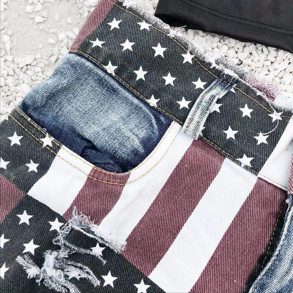 New 2020 Sexy Women's High Waist Hole Daisy Duke Ripped Denim Shorts American Flag Printed Denim Thong Shorts