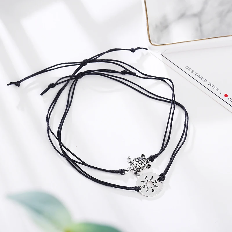 Boho простой черный белый кожаный браслет для женщин Серебряный цвет черепаха двойной слой лодыжки браслет пляжная бижутерия для ног X226