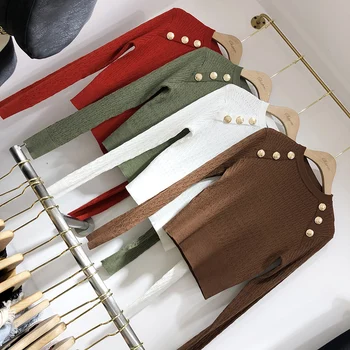 

Long Sleeve Sweater Women Slim Elastic Sweater Classic Button Hollow High Waist Ribbed Sweaters Ladies Jumper Autumn Winter