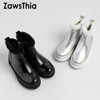 

ZawsThia 2020 winter leather silver black warm fur plush inside womans shoes luxury brand platform women snow boots big size 43