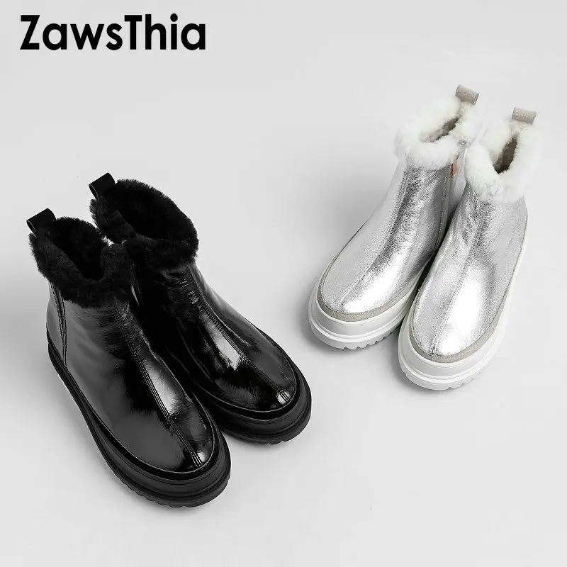 Женские кожаные ботинки ZawsThia черные/Серебристые зимние с плюшевой подкладкой на