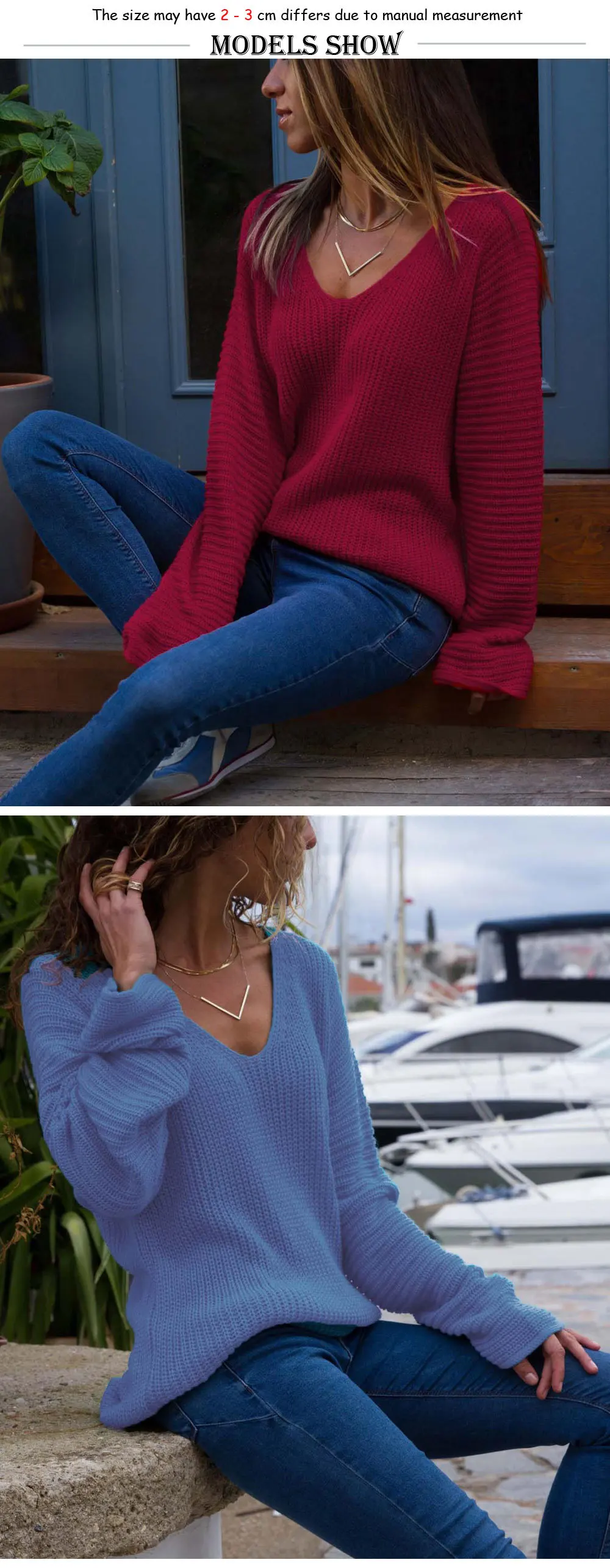 Новая коллекция с v-образной горловиной тонкий вязаный свитер, свободного кроя Повседневное осень-зима Для женщин пуловер черный, красный синий женский задник, однотонный цвет, к которому можно легко подобрать другую одежду