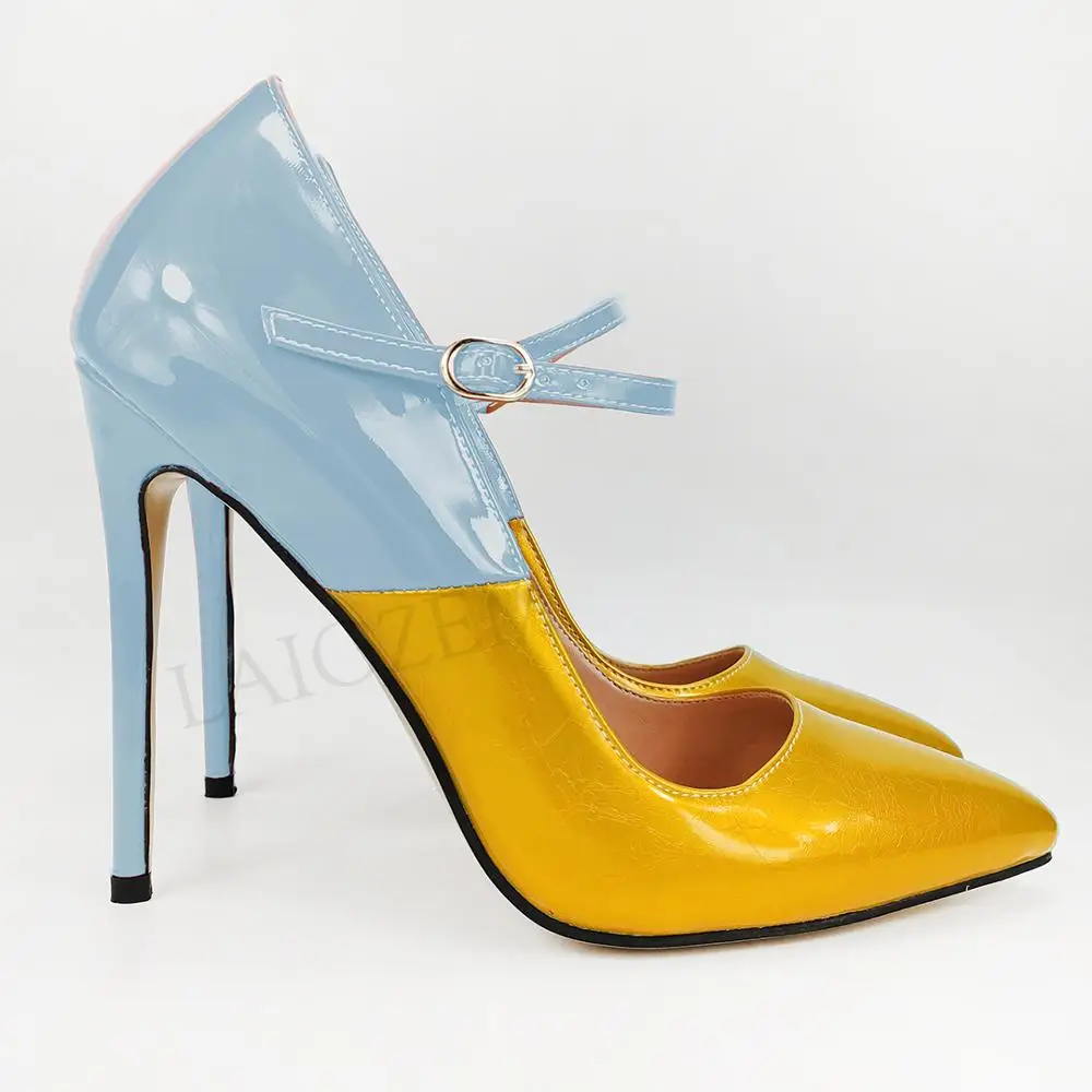 LAIGZEM/; женские туфли-лодочки Mary Jane на каблуке-шпильке в стиле пэчворк; классические модельные туфли; Tacones Zapatos; большие размеры 38, 45, 47 - Цвет: Gold-Blue