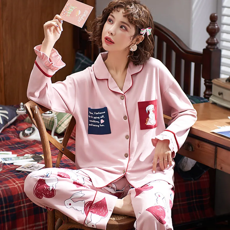 Весенне-осенний пижамный комплект, Дамская одежда для сна, милый мультяшный принт, длинный рукав, хлопок, удобная одежда для отдыха, домашняя одежда - Цвет: Figure 1