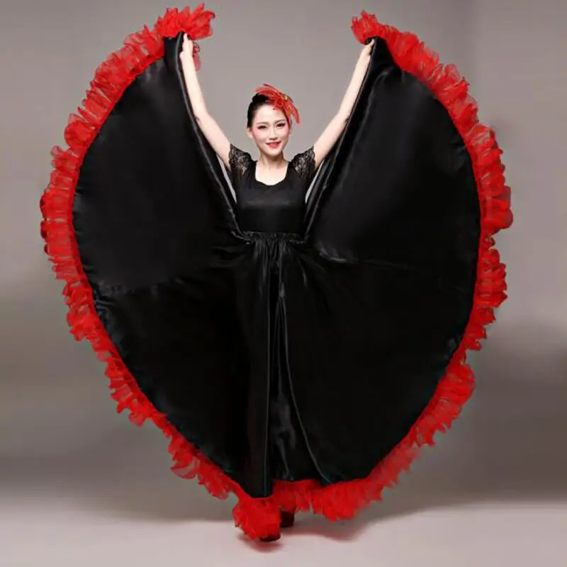 Black 720 Degree Танцевальная юбка для фламенко, золотой испанский танцевальный костюм для выступлений, женское платье для фламенко, 360-720 градусов размера плюс - Цвет: Black 720 Degree
