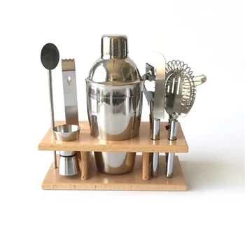 

8Pcs/Set Bar Set 550ml Cocktail Shaker Strainer Measuring Cup Stirring Spoon Liquor Pourer Muddler with Wood Rack