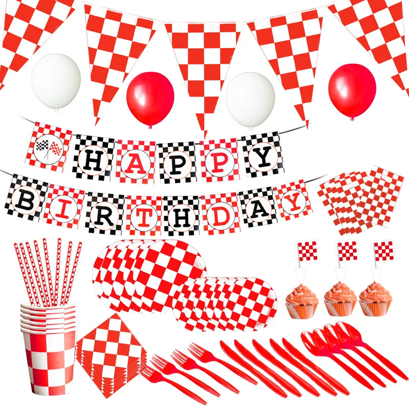 

Racing Car Party Decor Servies Chess Disposable Tableware Set Happy Birthday Flag Racing Flag Theme Plates Cups Kids Toys