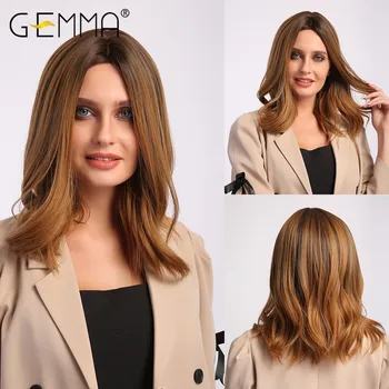 

GEMMA Medium Wavy Synthetic Wigs for Women Natural Middle Part Ombre Black Brown Cosplay Daily Wig with Highlight Heat Resistant