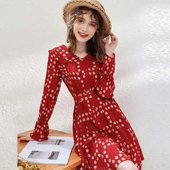 

Autumn Women Vintage Dress Red Long Sleeve Dot Print A-line Party Dress Vestidos Robe Femme