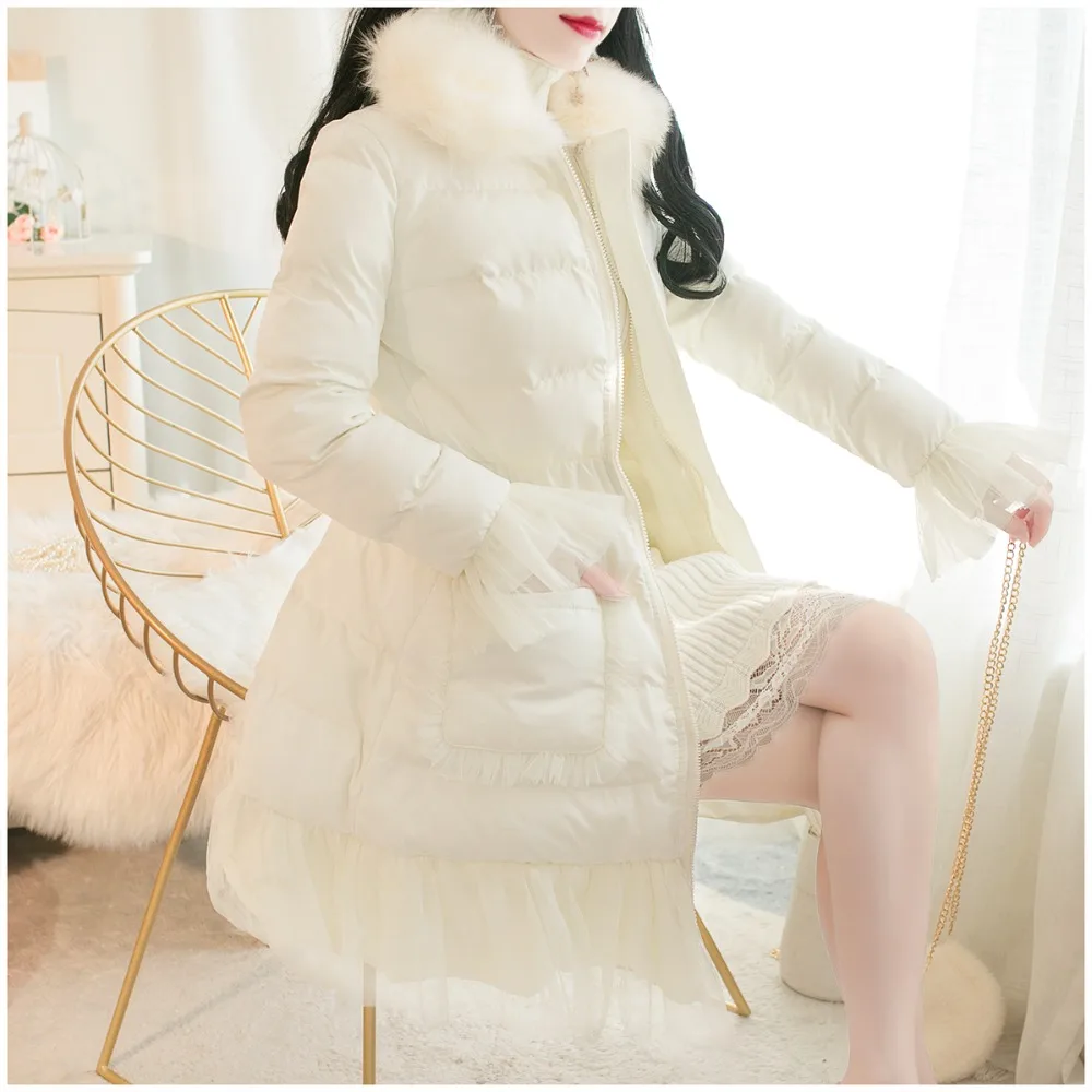 SWEETXUE зимняя женская куртка новая длинная верхняя одежда женская зимняя куртка женское красивое Сетчатое украшение лоскутное пальто с меховым воротником