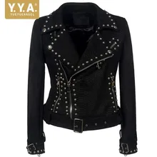 Готический пояс заклепки искусственная кожа полиуретан куртка Женская Зима Осень мотоциклетная куртка черная искусственная кожа пальто Верхняя одежда готическое панковское пальто
