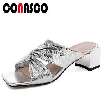 

CONASCO Concsie New Cross-Tied Fashion Casual Women Genuine Leather Sandals Peep Toe High Heels Slippers Summer Shoes Woman 2020