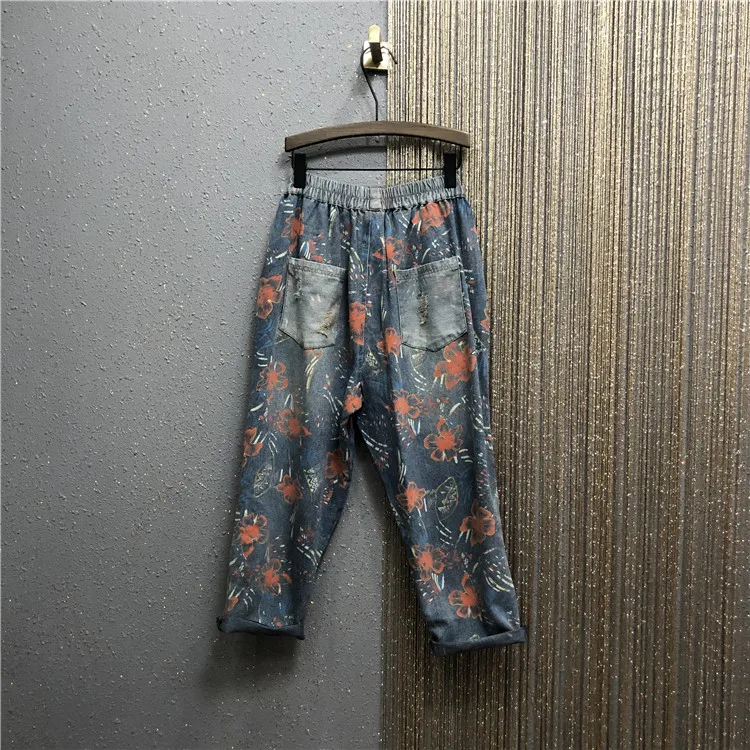 

2020 Spring New Elastic-Waist Loose-Fit National Wind Printing Large Size Casual Denim Harem Pants Women's Jean Jeans Mujer
