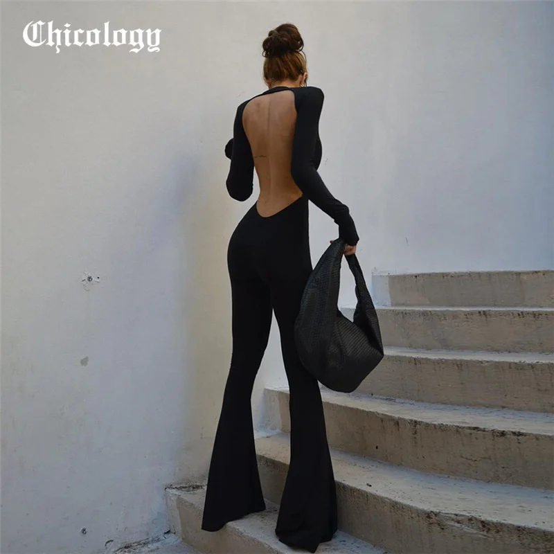 

Chicology 2021 Women Summer Backless Round Neck Long Sleeve Sexy Black Flare Pants Bodycon Fashion Streetwear Jumpsuits