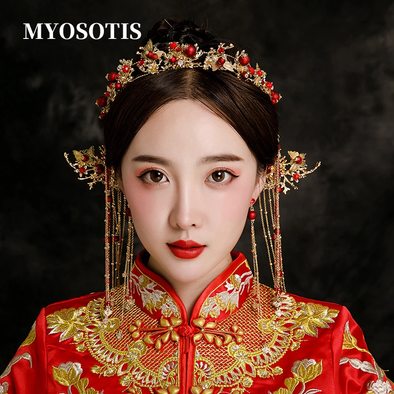 Diadema de perlas Rojas Vintage para novia, corona tradicional china boda, con borlas, palos de pelo, Tiara, diademas|Joyería para el cabello| -