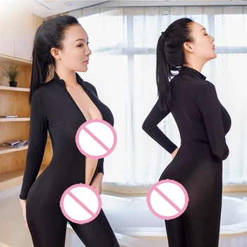 

New Arrive Open Crotch Black and White Striped Sheer Bodystocking Bodysuit Erotic Lingerie for Women Double Zipper Long Sleeves